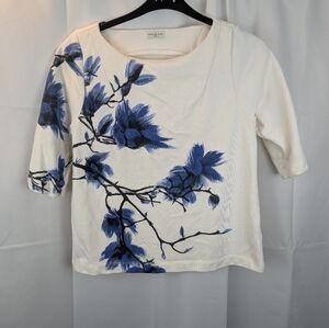 Dries Van Note Cotton Cream and Blue Floral Top Size M In VGUC